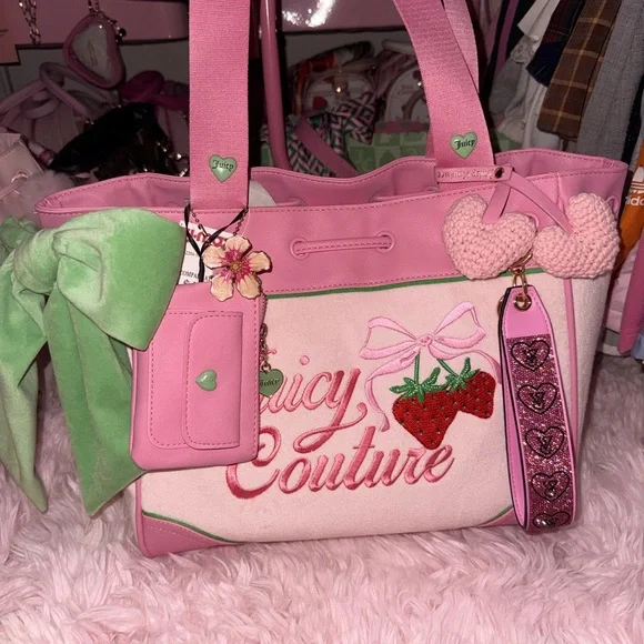 Juicy Couture Retro Sterawberry Pink & Green Tote (Powder Blush) - Picture 3 of 8